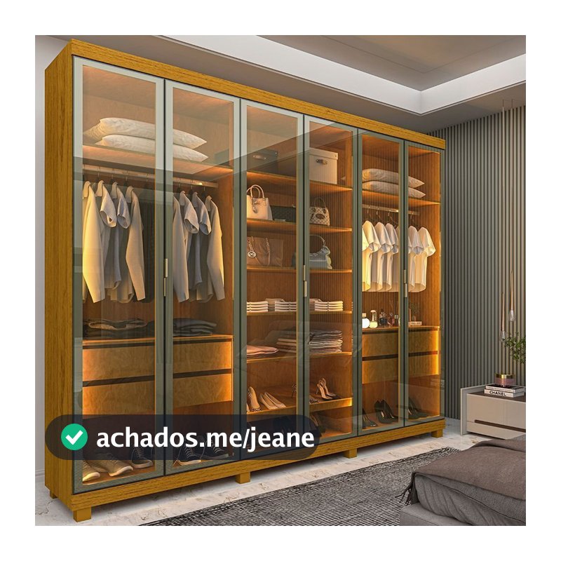 Guarda-Roupa Casal 6 Portas com 6 Portas Reflecta com Pés com LED Imperatriz 100% MDF Yescasa Marrom/Marrome Naturale