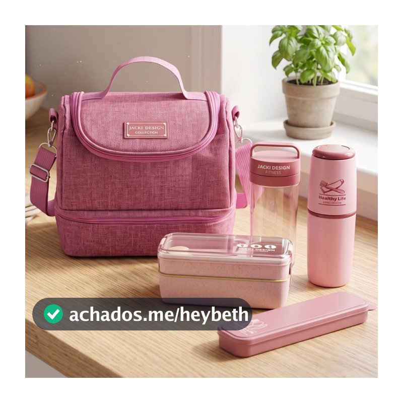Kit de Bolsa Térmica c/ 2 Compartimentos, Copo e Marmita, Porta Talher e Porta Escova