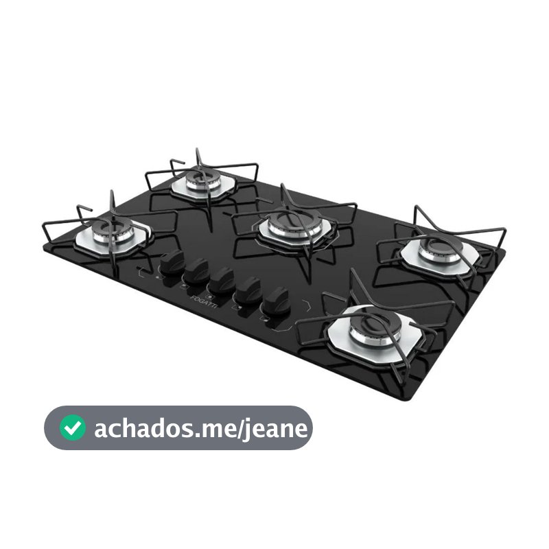 Fogão Cooktop Fogatti à Gás FGT 5 Bocas Vidro Preto Flange Inox Bivolt - Acendimento Automático