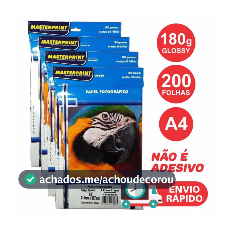 Papel Fotográfico 180g A4 Kit 200 folhas Glossy À Prova D'água