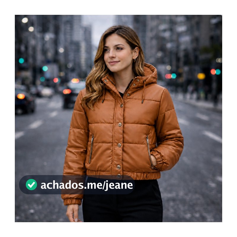 Jaqueta de Couro Feminina Puffer Bobojaco Cropped Peluciada Capuz Removivel