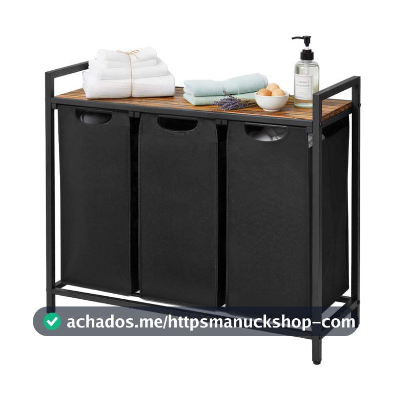 SONGMICS Cesto de roupa suja triplo com sacos removíveis, prateleira metálica, 3×40L, Branco Creme e Branco Nuvem