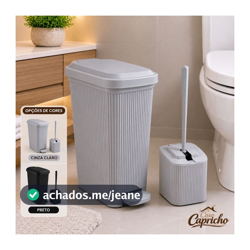 Kit Lixeira com Pedal 7 Litros Slim Canelada e Escova Sanitária - Usual Utilidades