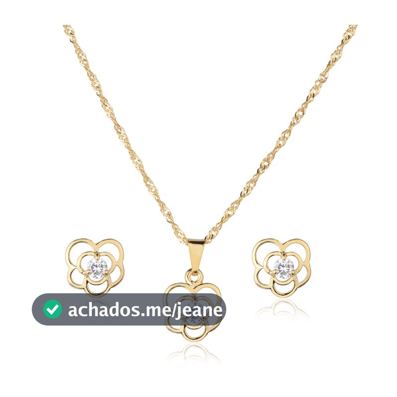 Conjunto Colar e  Brinco Semijoia Flor Vazada Com Zircônia Banhado a Ouro 18K CJ21 Conjunto Colar E Brinco