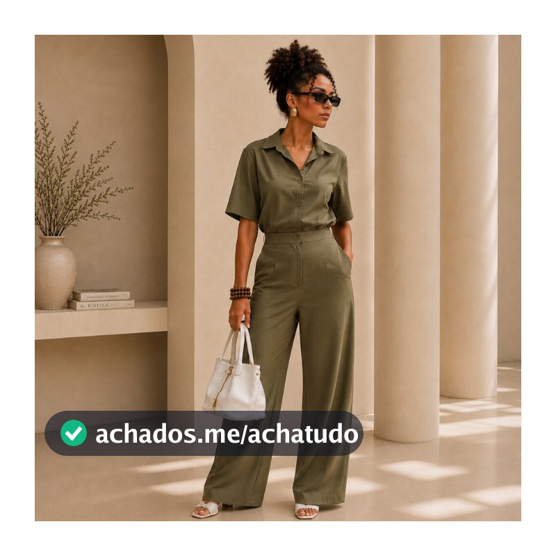 Conjunto Alfaiataria Marrant Blusa Social e Calça Com Elástico Pantalona Wide Leg Moda Chic Elegante