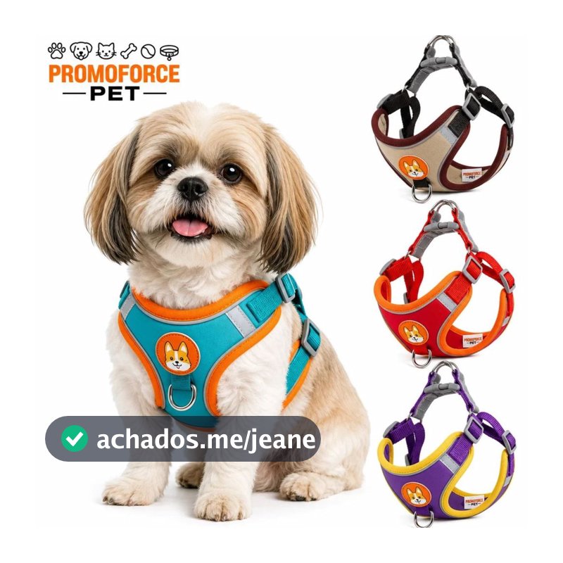 Coleira Peitoral Cachorro Gato Cães Confortável Pequenos e Médios Reflexiva Kit Guia + Coleira Ajustável