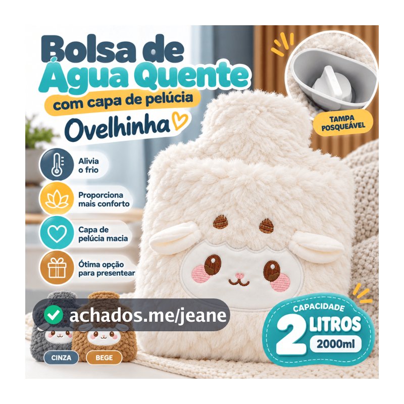 Bolsa de Água Quente e Fria Térmica 2 Litros Pelúcia Ovelha Fofinha Cólica e Dores Musculares - CH