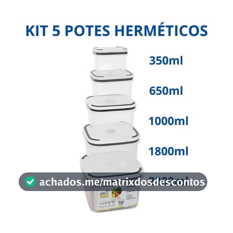 Kit De 5 Potes Herméticos Plastico Para Mantimentos Micro-ondas Alimentos Geladeira Frutas Marmita