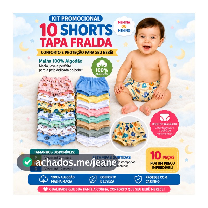 Kit 10 Shorts Tapa Fralda para Bebê | 100% Algodão  P M G  Liso e estampado
