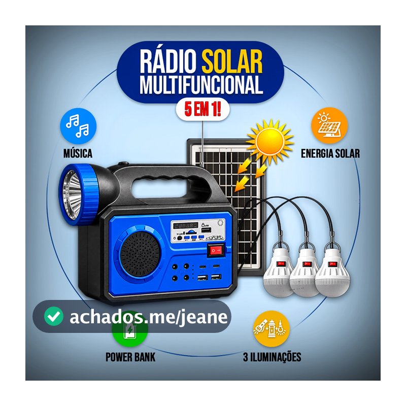 Rádio Solar Multifuncional 5 em 1 Bluetooth FM Power Bank Lanterna LED Painel Solar 3 Lâmpadas