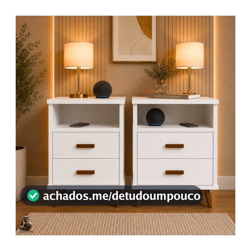Kit 2 Mesas de Cabeceira 2 Gavetas com Nicho Pés de Madeira Criado Mudo Moderno para Quarto