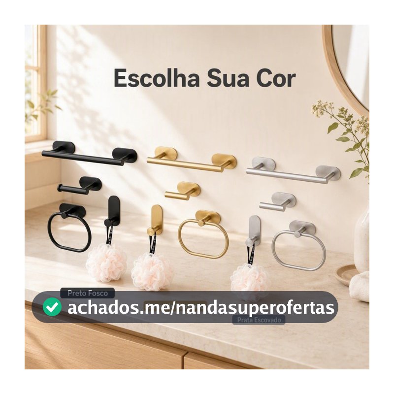 Kit 4 Peças Acessórios Banheiro Aço Inox Autoadesivo Sem Furação Porta Toalha e Gancho