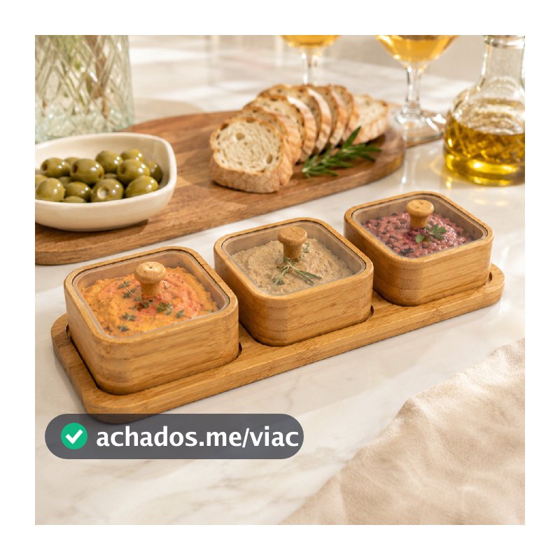Petisqueira com 3 ou 6 Potes Tampa de Acrílico e Bandeja para Servir em Bambu Natural Pronta Entrega