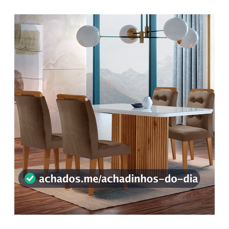 Conjunto Sala de Jantar Mesa Olímpia 120CM MDF Vidro Canto Copo com 4 Cadeiras Carol Moderna