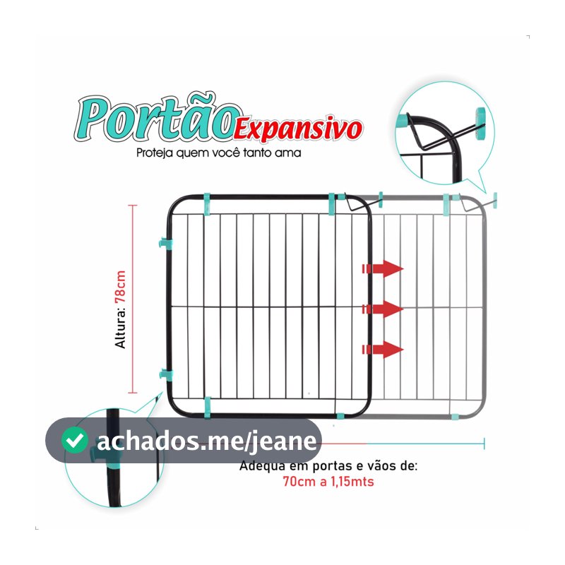 Portão Expansivo Preto Pet util Proteção para Crianças e Pets com Abertura Bidirecional 70cm a 115cm