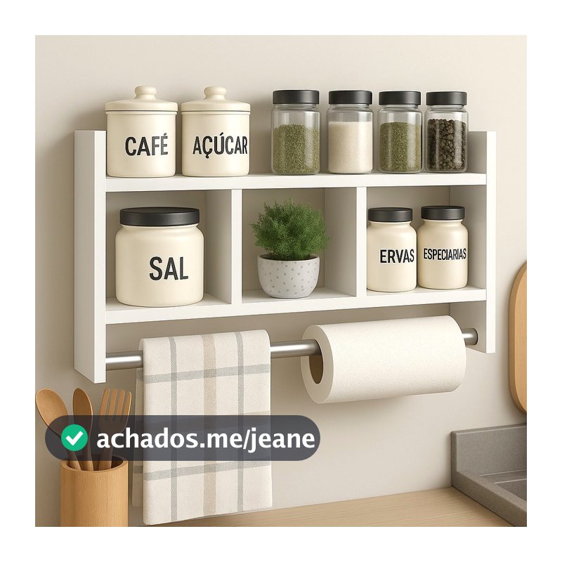 Nicho Porta Papel Toalha e Condimentos Potes Cozinha Banheiro 100% MDF BRANCO TX 15mm Tubo Metal Montado