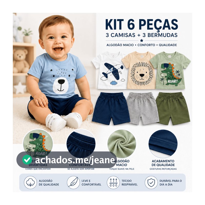 Kit 6 Peças Menino Conjunto  Bebê Infantil Estampas Divertidas Inverno 3 Camisas 3 Bermudas Algodão