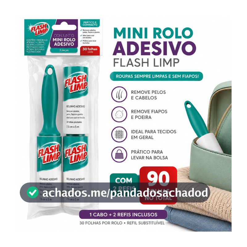 Conjunto Mini Rolo Adesivo Tira Pelo + 2 Refis 30 Folhas CST0023 Flash Limp