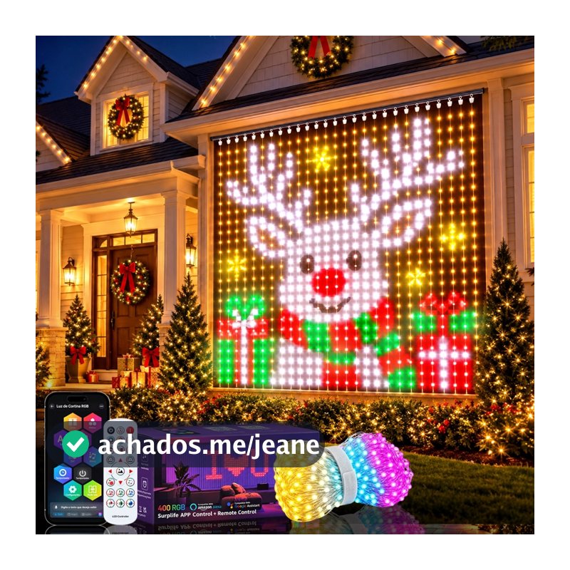 Luz de Cortina RGB+IC Inteligente 2×2m com App Surplife, 400 LEDs Pixel, DIY, Temporizador — Decoração Natal e Festa