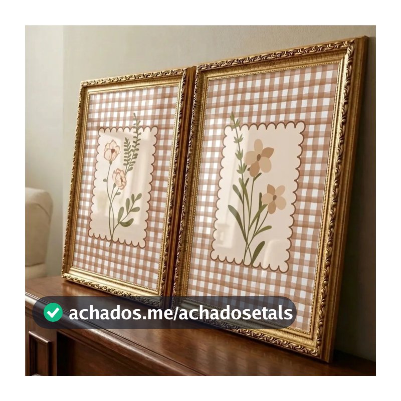 Kit 2 Quadros Decorativos Folhagem Marrom Moldura Clássica Dourada