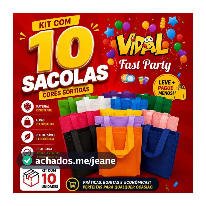 Kit 10 Sacolas Ecobag TNT 20x25 Com Alça Resistente Aniversário Bolsa Festa Saquinho Surpresa