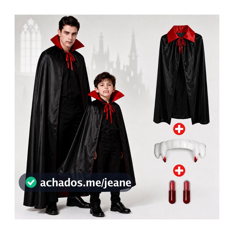 Kit Fantasia Halloween Capa Vampiro + Dente + Sangue Falso Infantil e Adulto