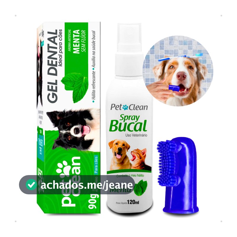 Kit Higiene Dental Pet Cachorro e Gato Gel Pasta 90g + Spray Hálito 120ml + Escova Dedeira Pet Clean