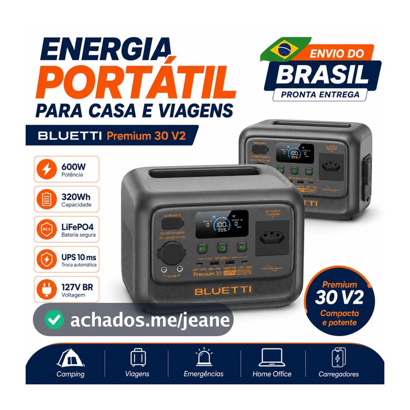 BLUETTI Premium 30 V2 Estação de Energia Portátil 600W 320Wh 127V LiFePO4 UPS Gerador Solar