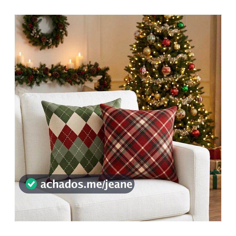 Kit 2 Capas De Almofada Linho Premium Natal 43x43 Decoração Luxo Sala Almofadas Natalinas Xadrez Estofado Enfeite Natal