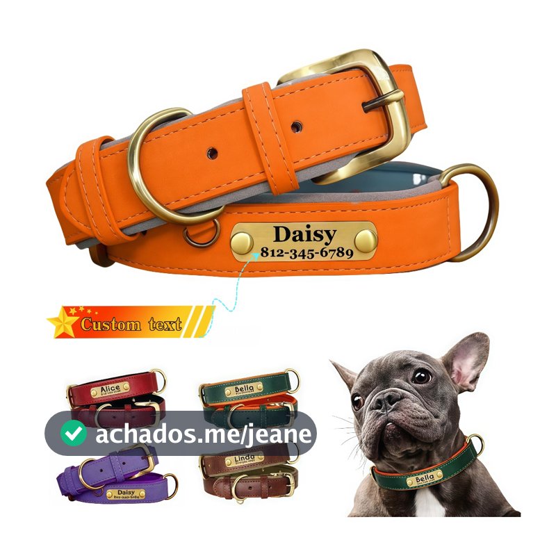 Coleiras De Couro Personalizáveis Para Cães , Placa De Identificação Gravada Personalizada , Coleira Acolchoada Macia Co
