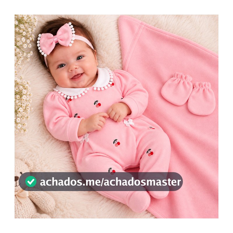 Saída Maternidade de Menina Luxo Rosa e Cinza com Cereja 4 pçs