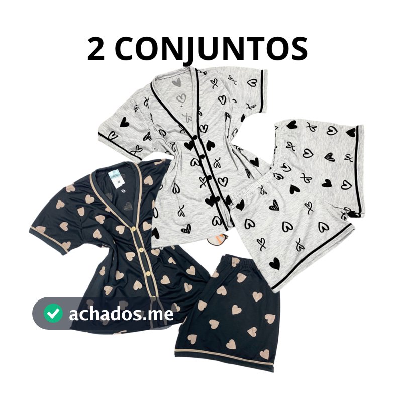 kit 2 Conjuntos Pijama Feminino Short Doll Gola V Americano Com Botões que abrem Amamentação Verão