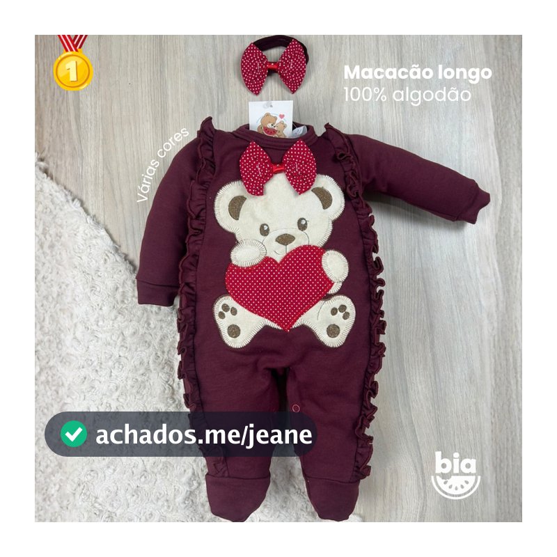 Macacão bebê menina bordado ursa coração confortável