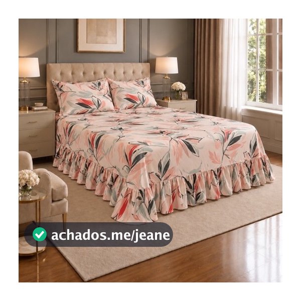 Kit Colcha Cama Cobre Leito Casal Queen C/Babado 3 Peças Estampada 400 fios Luxo