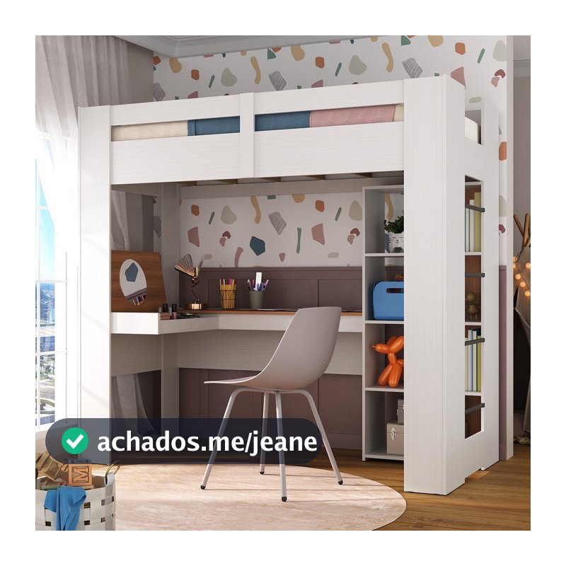 Cama Alta Infantil/Juvenil Multifuncional com Escrivaninha Penteadeira Agatha Yescasa Branco/Nogal Branco/Nogal