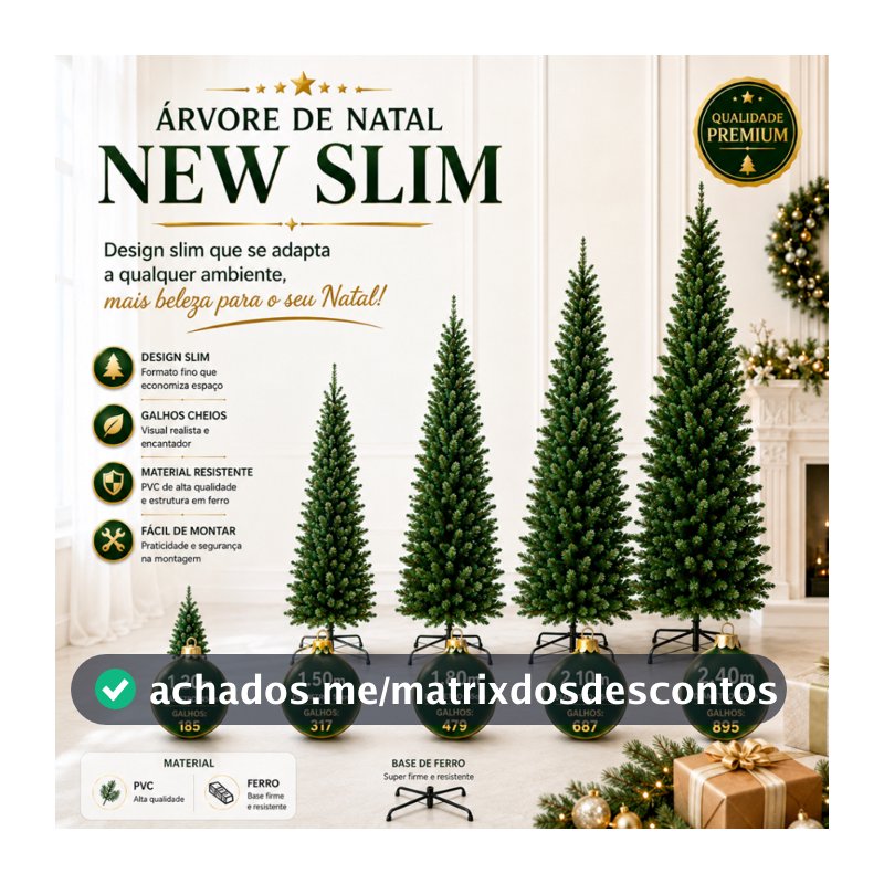 Árvore de Natal Slim Todos os Tamanhos Grande e Cheia