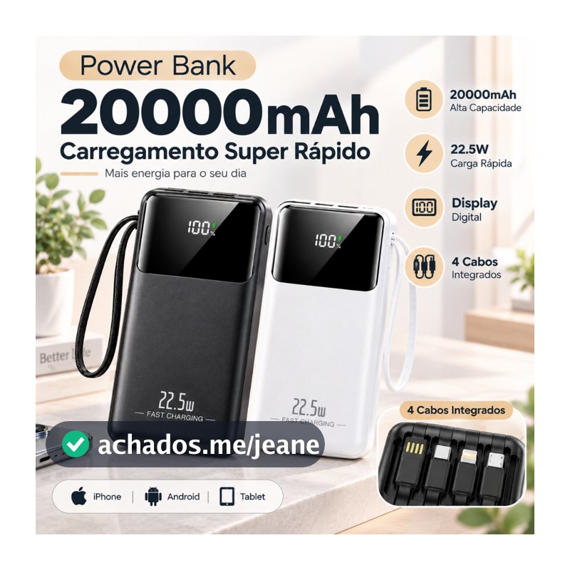 Carregador Power Bank 20000mah Portátil Display Digital 22.5W Carregamento Super Rápido Com 4 Cabos REAL