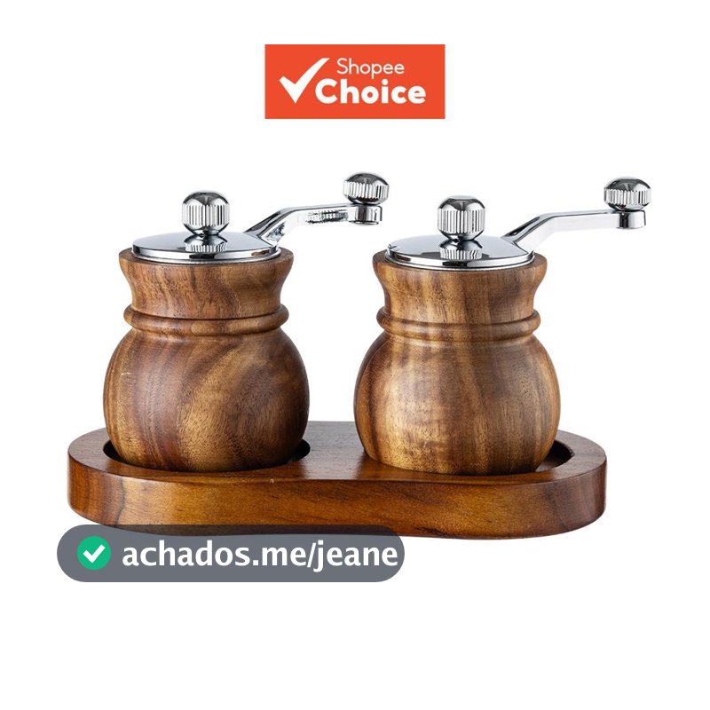 Conjunto Moedor de Sal e Pimenta de Acácia, Moedor Manual Ajustável de Especiarias com Núcleo Cerâmico e Bandeja de