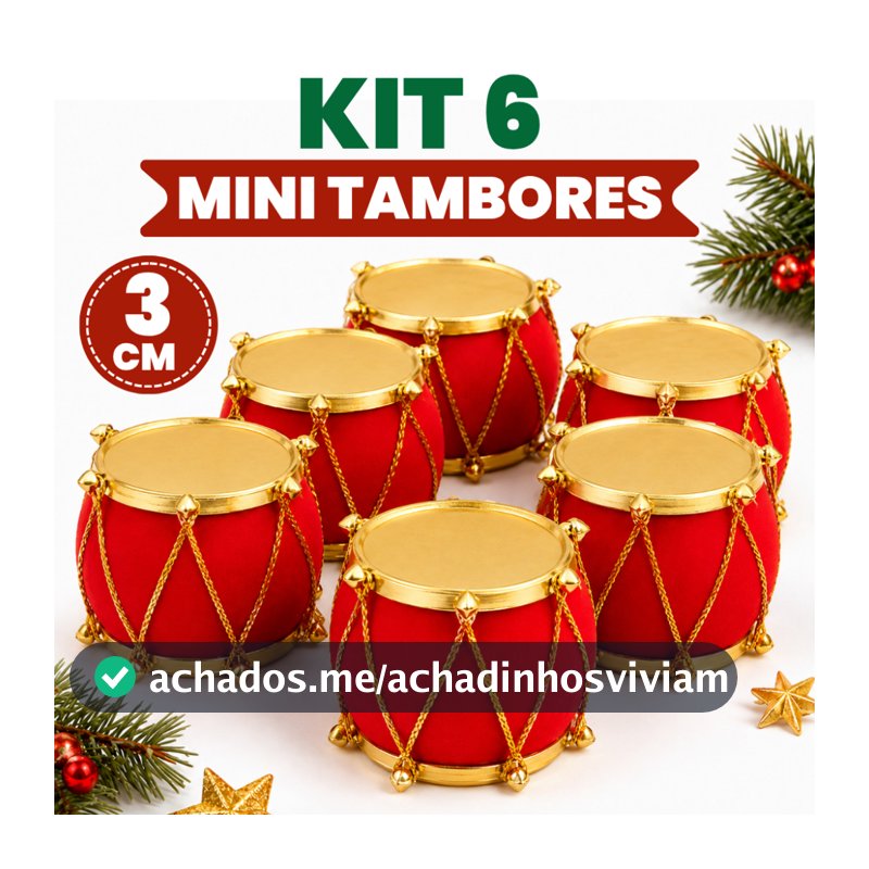 Kit 6 Mini Tambor 3cm Pingente Natalino Para Arvore de Natal - Decoração Festiva Luxuosa para Natal