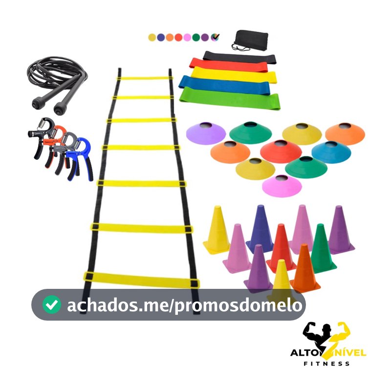 Kit Treino Escada 7 Degruas 10 Cones 10 Chapéus 5 Faixas Mini Bands 1 Hand Grip 1Corda de Pular Pvc