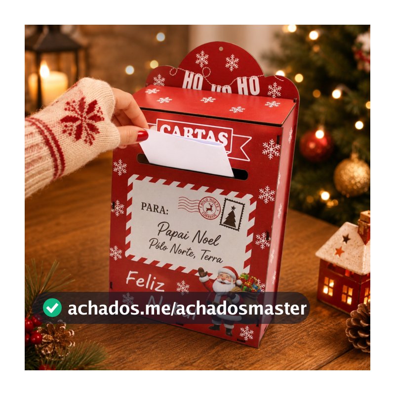 Decoração Natalina Caixa de Correio Papai Noel MDF Porta Cartas Decorativa para Mesa Lar 35x21x8 cm