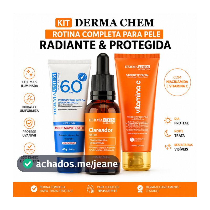 Kit Facial DermaChem Completo Sérum Clareador + Sabonete Vitamina C + Protetor Solar FPS 60