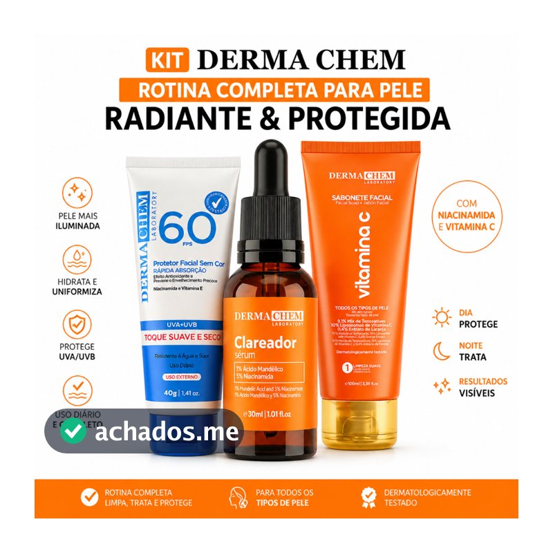 Kit Facial DermaChem Completo Sérum Clareador + Sabonete Vitamina C + Protetor Solar FPS 60