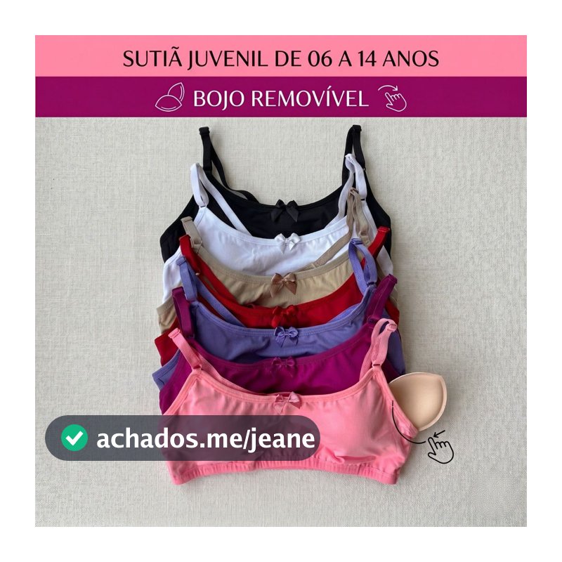 Kit Sutiã Top Infantil Juvenil com bojo Removível Forrado Nadador Menina Moça Alças Ajustáveis