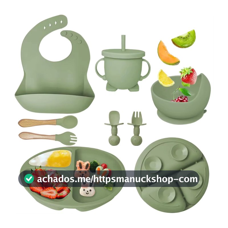 Kit 8pçs Talheres de Silicone p/ Bebê com Ventosa, Colher, Garfo, Canudo e Babador Infantil