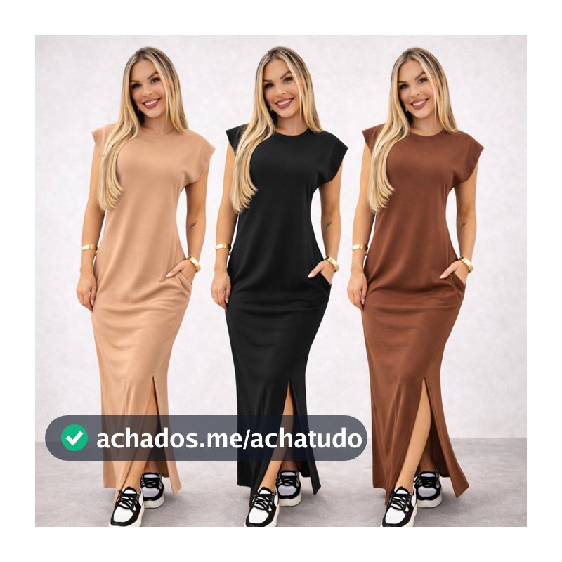Vestido longo casual basico feminino ribana canelada manga muscle moda gringa preto marrom plus size