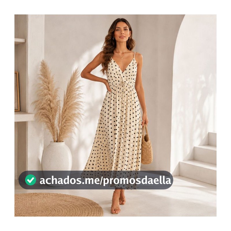 Vestido de Bolinhas Longo Poá Soltinho com Elástico na Cintura e Alça Ajustável