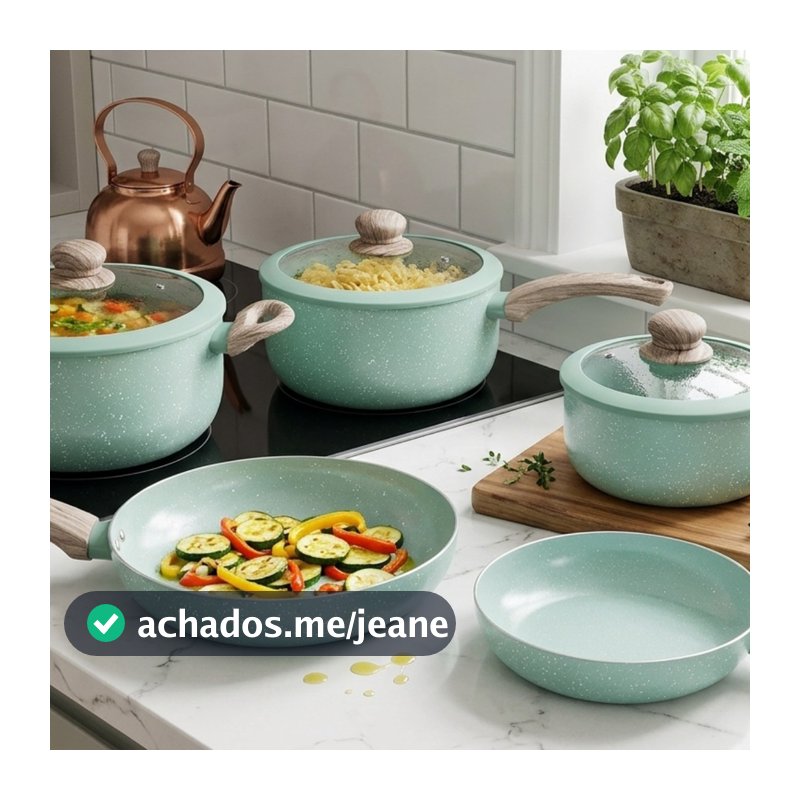 Conjunto de Panelas 5 Peças Indução Gás Cabo Soft Touch Tampa de Vidro com Borracha de Vedação