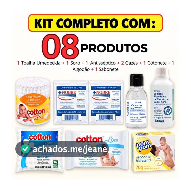 Kit Higiene Toalha Umedecida Recém-Nascido Bebê Kit C/ 8 Itens Cotonete+Soro+Gaze+Algodão+Lencinho