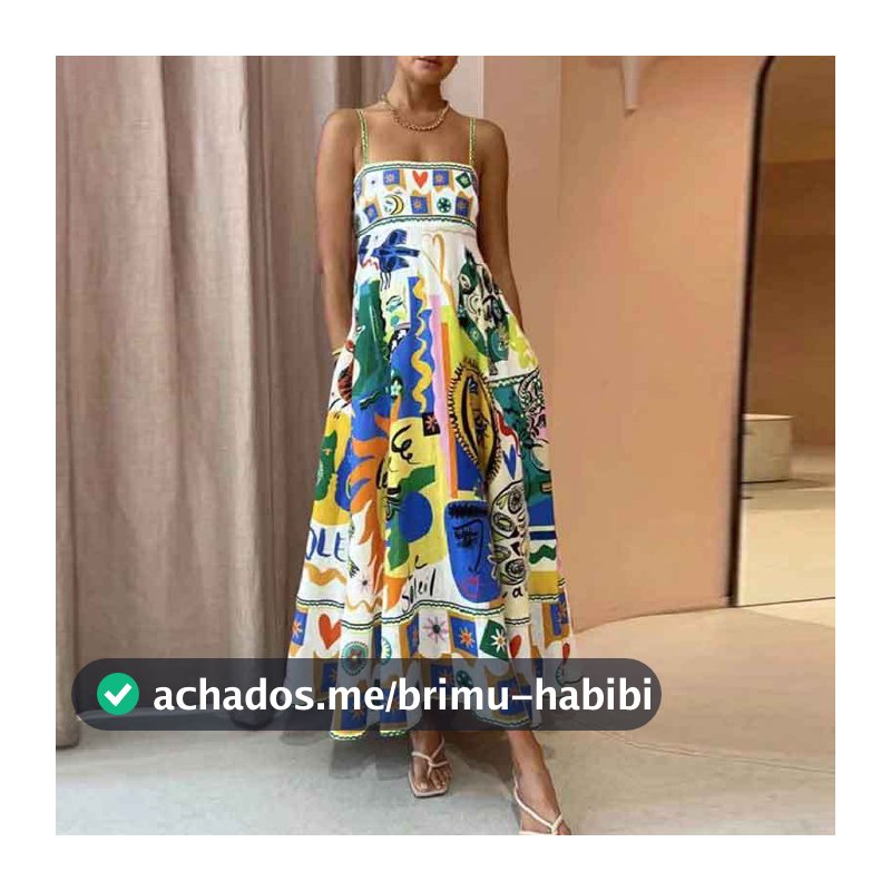 Sem mangas, sem gola, com estampa de cintura alta pintada vestido feminino com grande estilingue (24549)